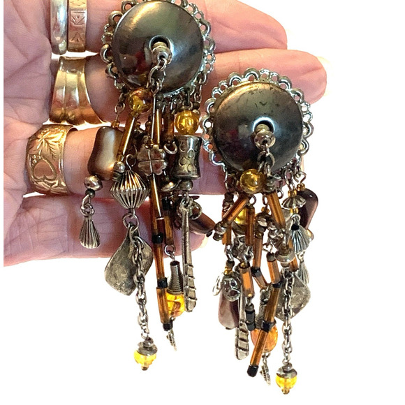 VINTAGE CHIPTA Earrings HANDMADE LONG DANGLE REAL STONEs Southwestern - Picture 1 of 6